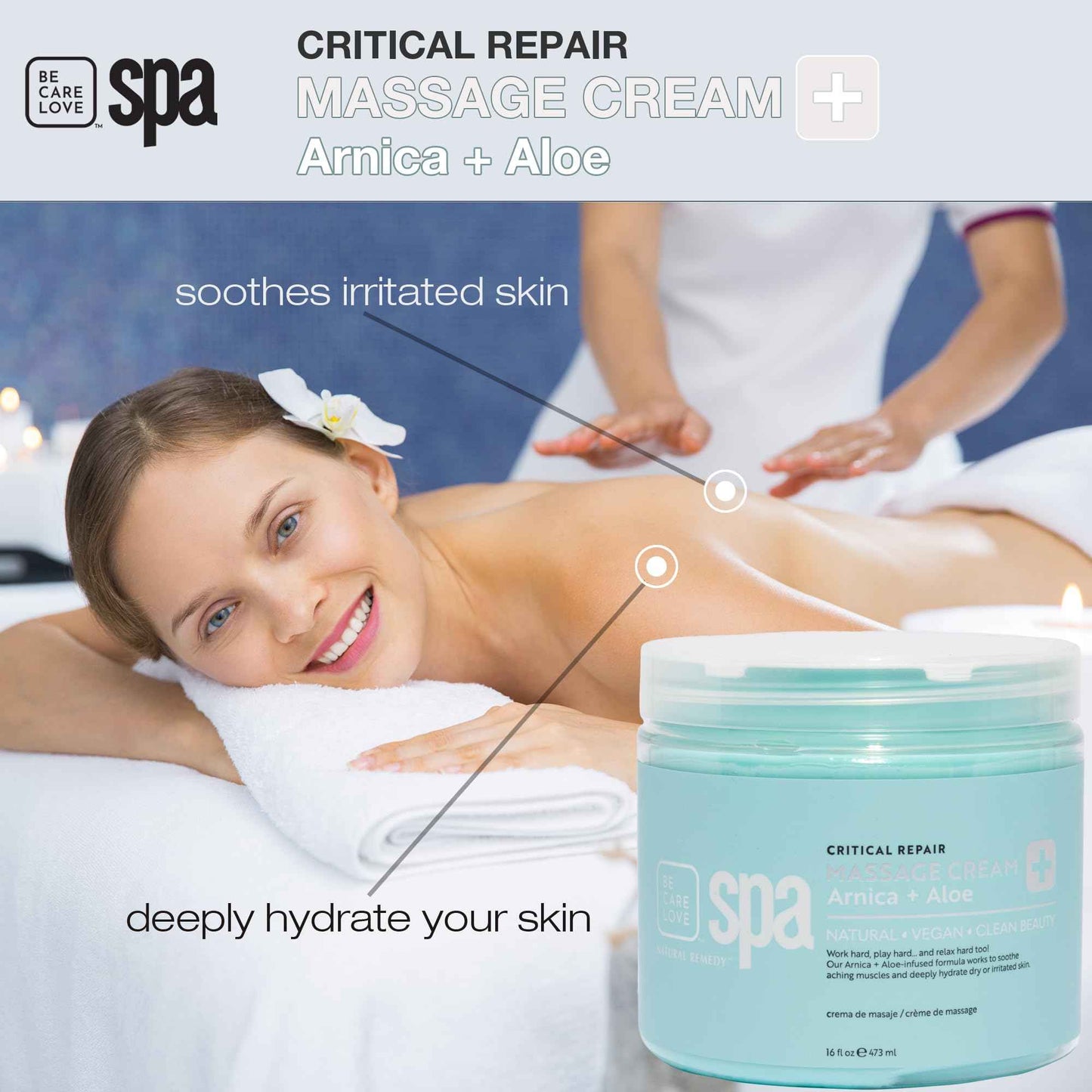 BCL Spa Critical Repair Massage Cream with Arnica, Aloe Vera, Kelp, Argan Oil, Shea Butter | Soothing Relief and deep Skin Nourishment Body Moisturizer, Vegan, Organic | Made in USA | 16 fl oz
