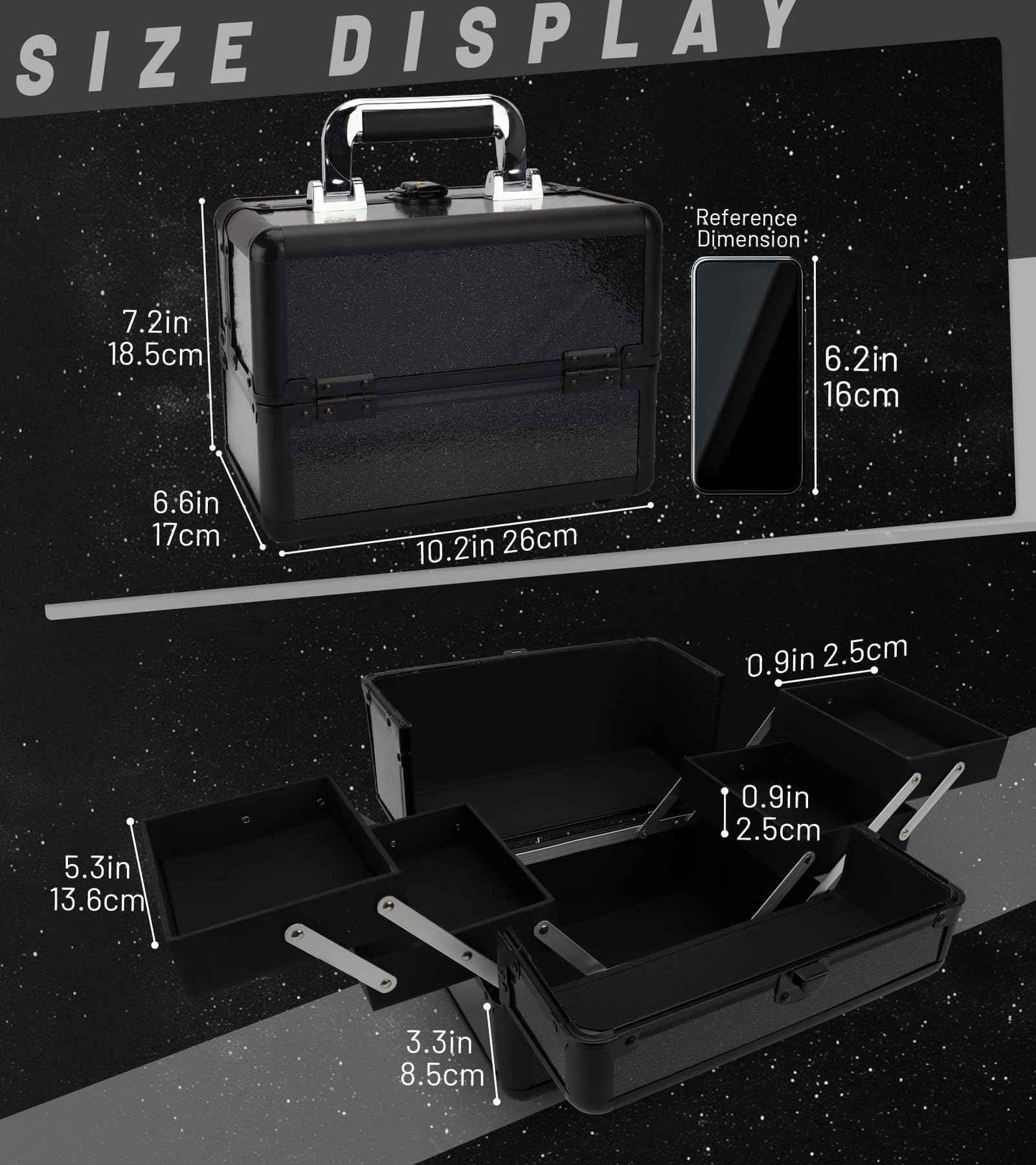 HAISKY Large Makeup Train Case Cosmetic Organizer Case Makeup Box Portable Make Up Artist Travel Case with 4 Trays with Dividers Lockable Hard Train Case Nail Tech Supply Storage - Starry Black