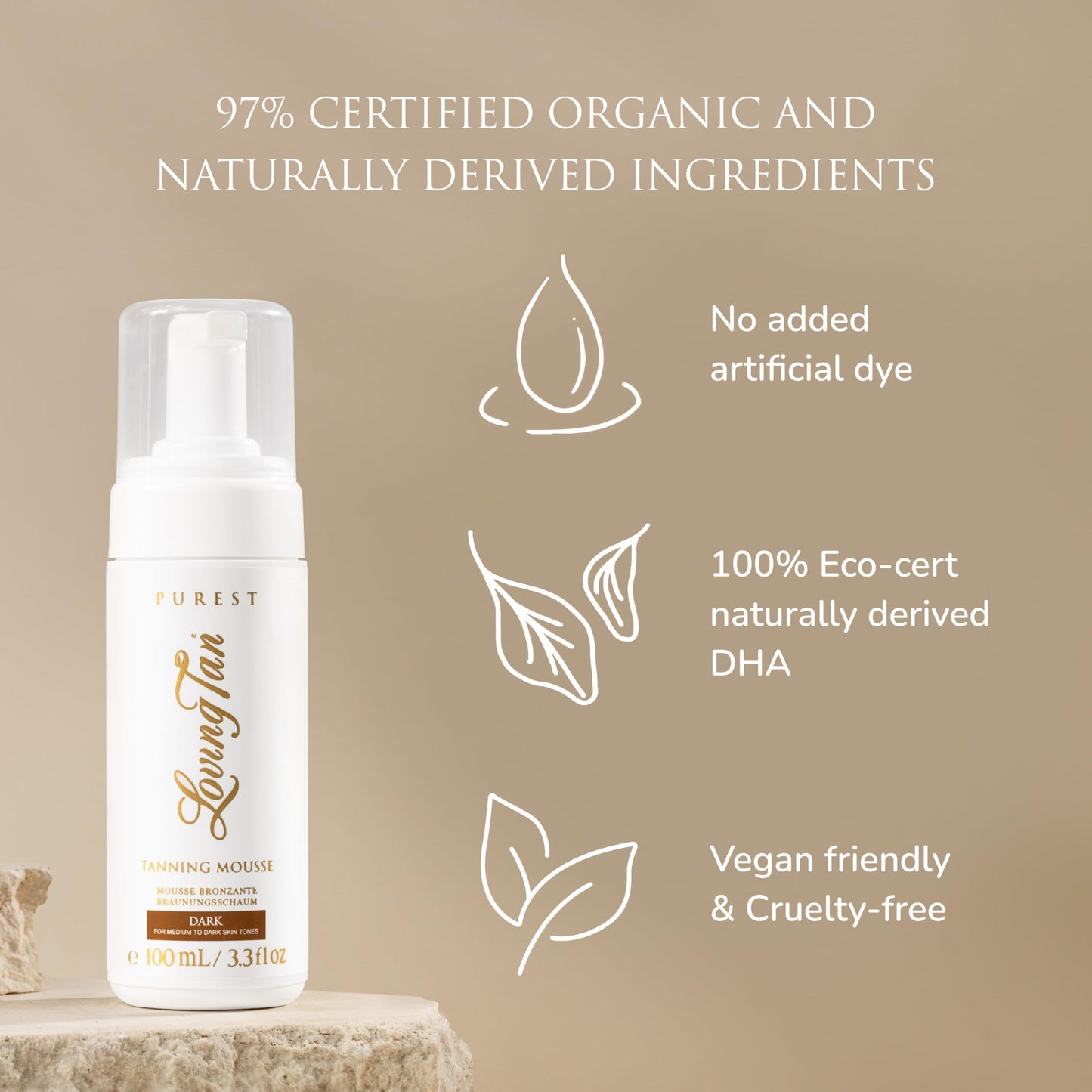 Loving Tan Purest Tanning Mousse, Dark + Purest Applicator Mitt - Sunless Tanner Made From 97% Certified Organic & Naturally Derived Ingredients - Cruelty Free, Vegan - 3.3 Fl Oz