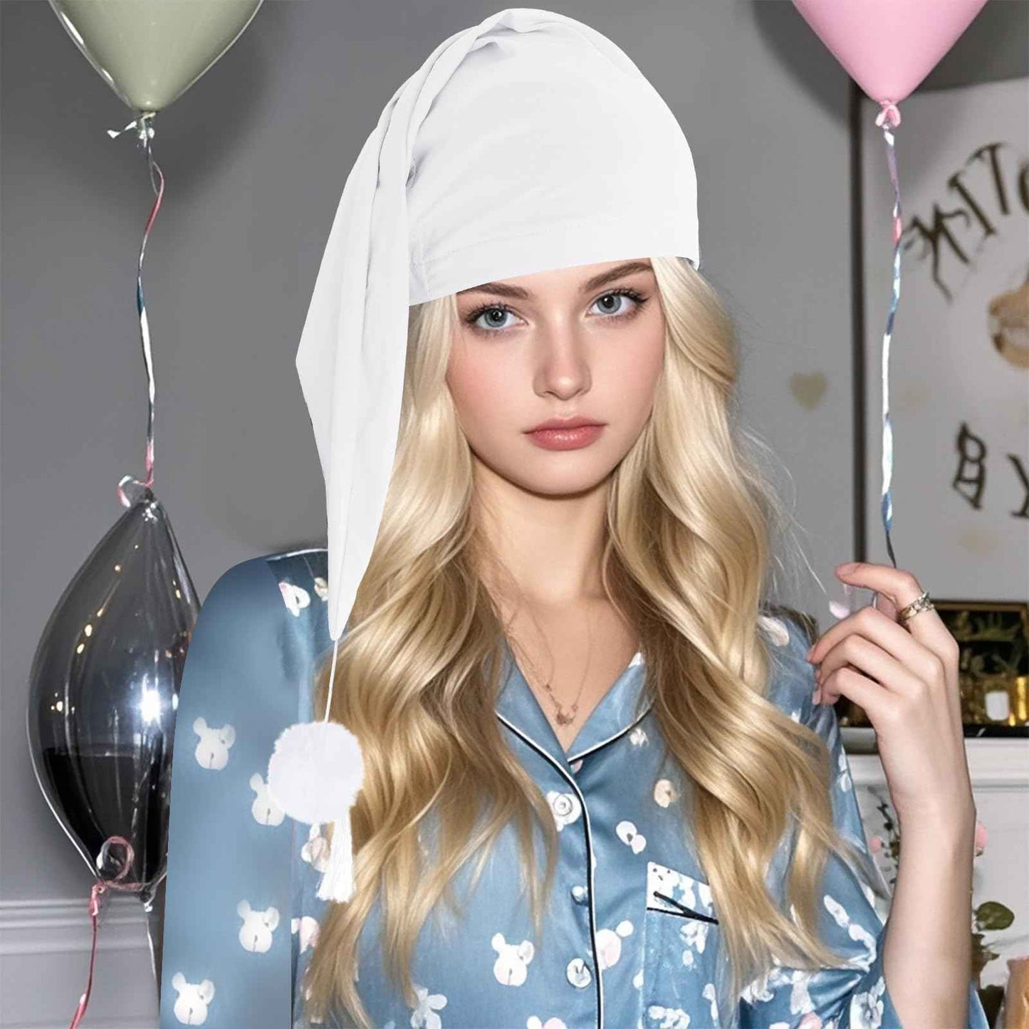 cnomg 2pcs Men's Night Sleeping Cap Adjustable Pajama Cap with Pom Ball and Tassel Women Daily Use (US, Alpha, Medium, White,white)