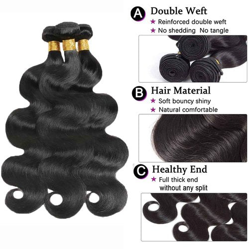 Body Wave Bundles Human Hair 10 12 14 Inch 100% Unprocessed Brazilian Virgin Hair Weave Bundles Human Hair Weft Body Wave Hair Extension for Black Women Natural Black