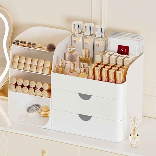 Makeup Organizer with Brush Holder for Vanity,Countertop Makeup Organizer with Drawers,Spacious Cosmetic Display Case,Perfect Storage Solution for Your Beauty Essential (All White, Large)