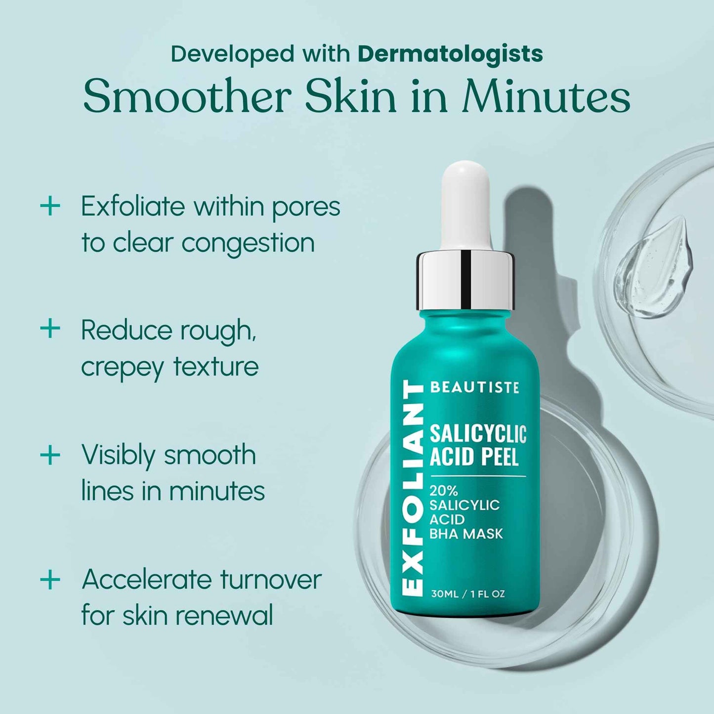 Beautiste 30 DAY MIRACLE BHA 20% Peeling Solution - Clinical Strength BHA Liquid Exfoliant for Clogged Pores, Wrinkles & Blackhead Remover - Salicylic Acid Serum & Chemical Exfoliant for Face Peel 1oz