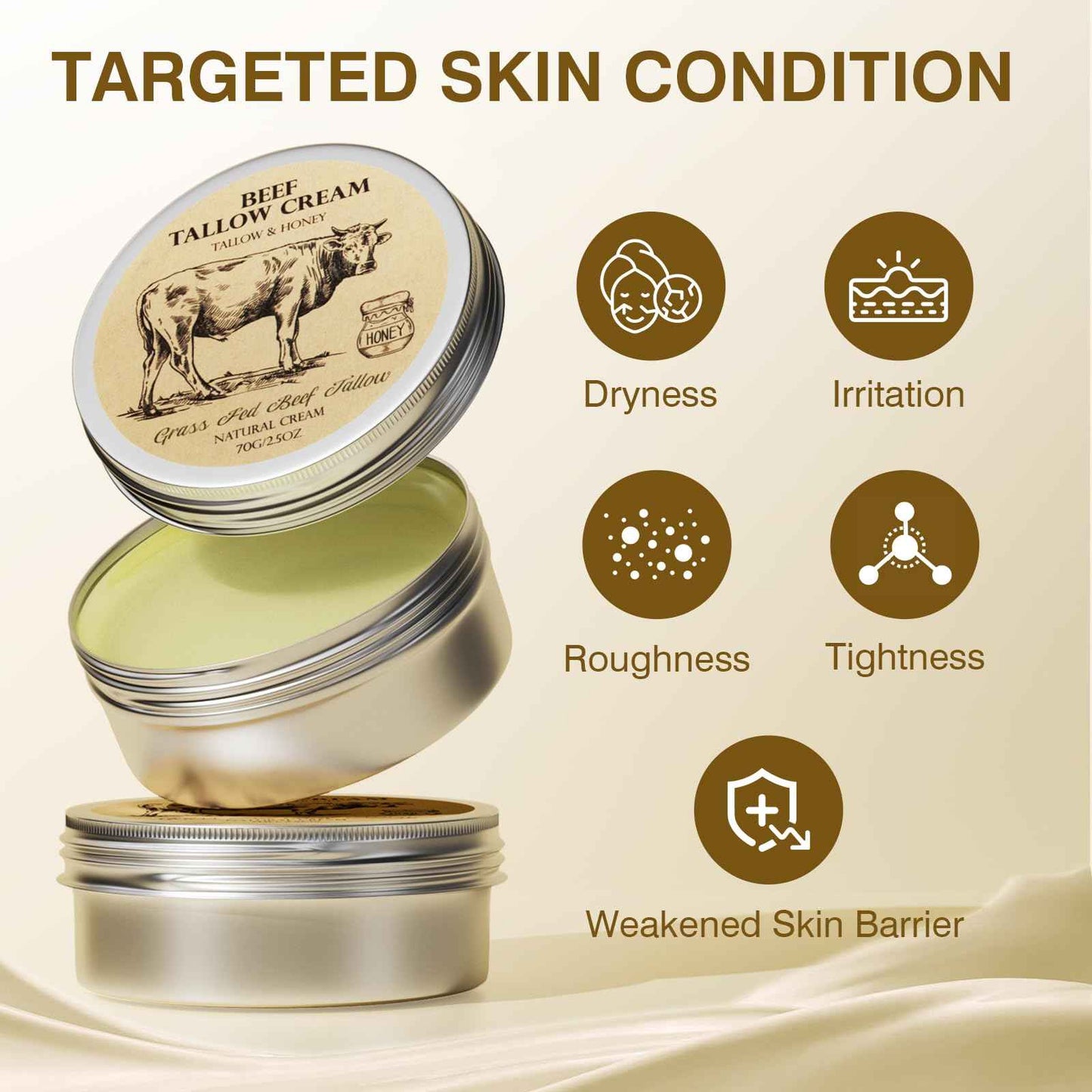 Beef Tallow for Skin, Tallow and Honey Cream,Tallow Face Moisturizer, Natural Grass-Fed Beef Tallow Balm with Raw Honey Moisturizing Cream for Body Lotion Skin Care 2 Packs