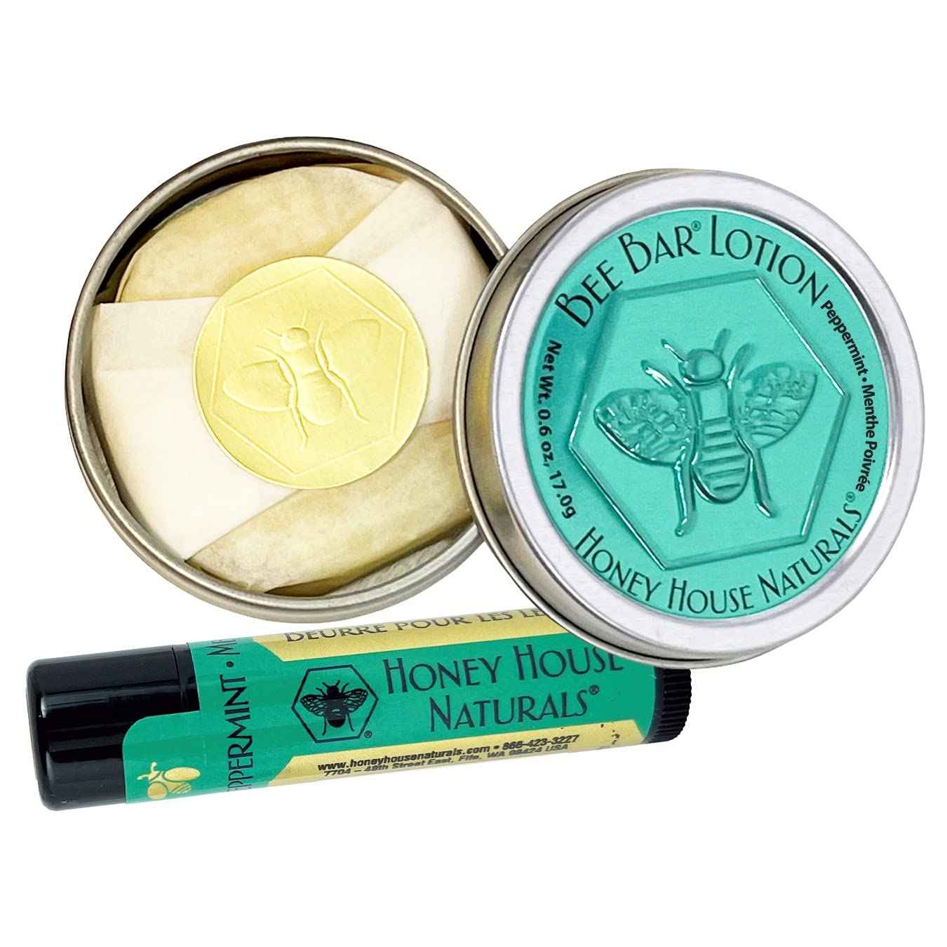 Honey House Naturals 2 Piece Gift Set, All Natural, Ultra Moisturizing Lotion Bar and Lip Butter Infused with Essential Oils, Made in USA (Lip Balm & Bee Bar, Peppermint) (Pack of 2)