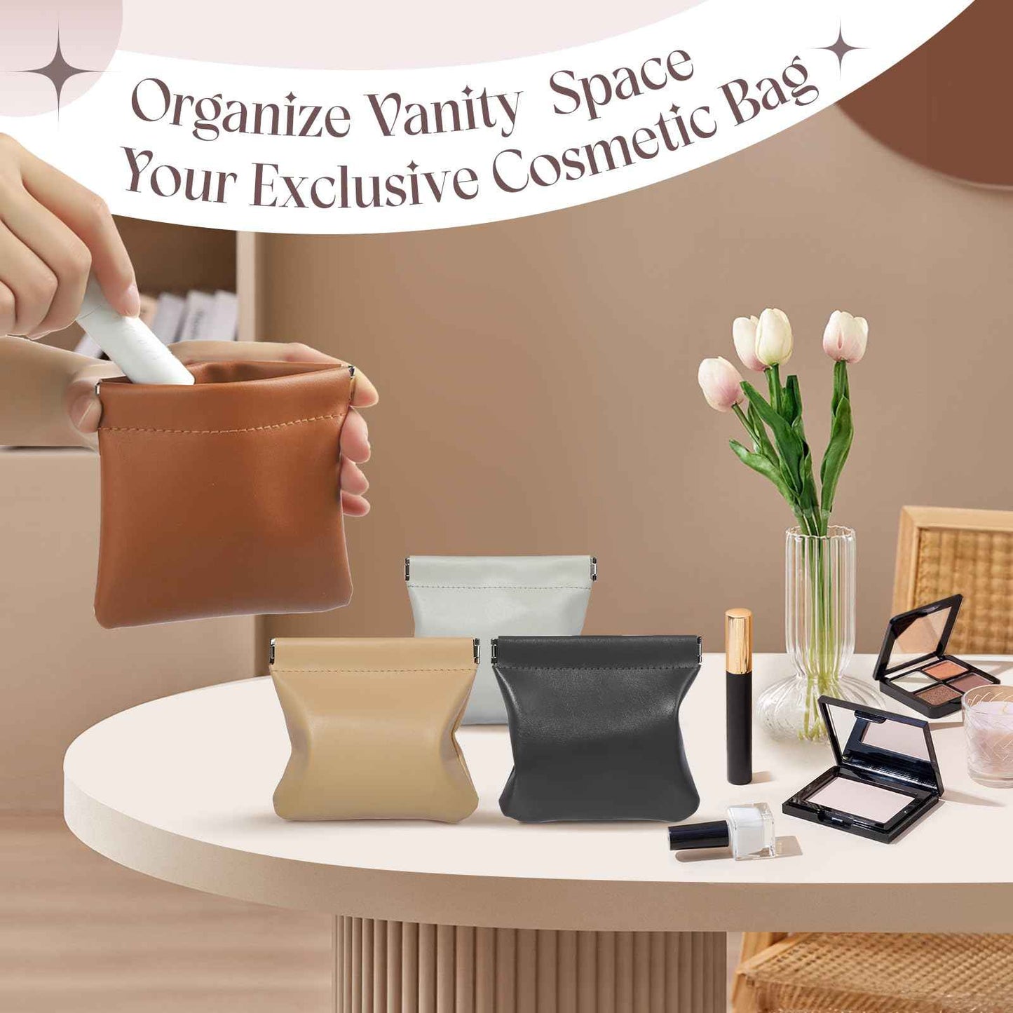 ISKYBOB 4PCS Small Makeup Bag for Purse, Portable Lambskin Pocket Cosmetic Bag Squeeze Top Coin Purse for Women Snap Closure Organizer Pouch Mini Self-Closing Lipstick Pouchic for Travel (Business)