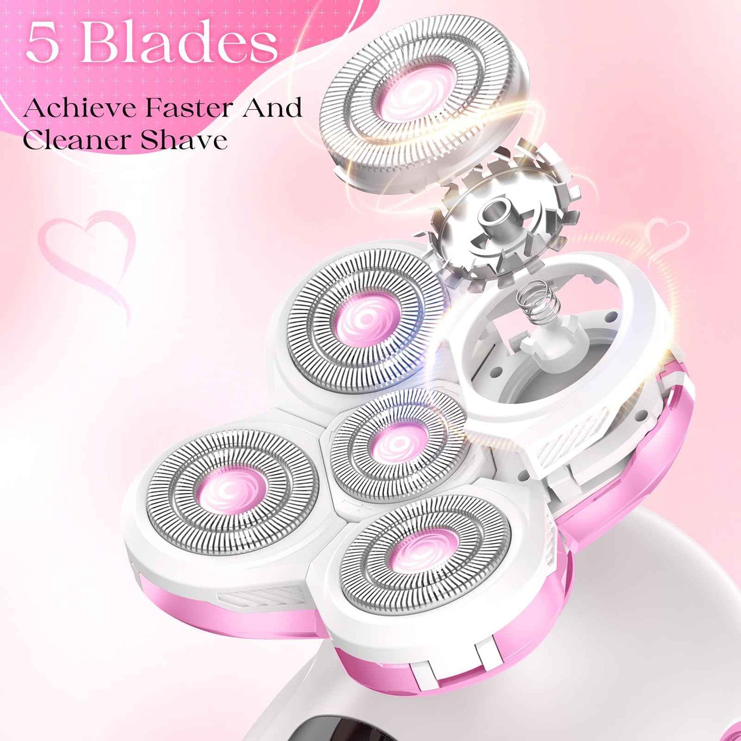 Electric Razors for Women, Rechargeable Rotary Painless Shaver for Legs Bikini Facial Hair Removal, Body Wet/Dry Razor Water Resistant Grooming Kit, Cordless Womens Trimmer for Lady (Light Pink)