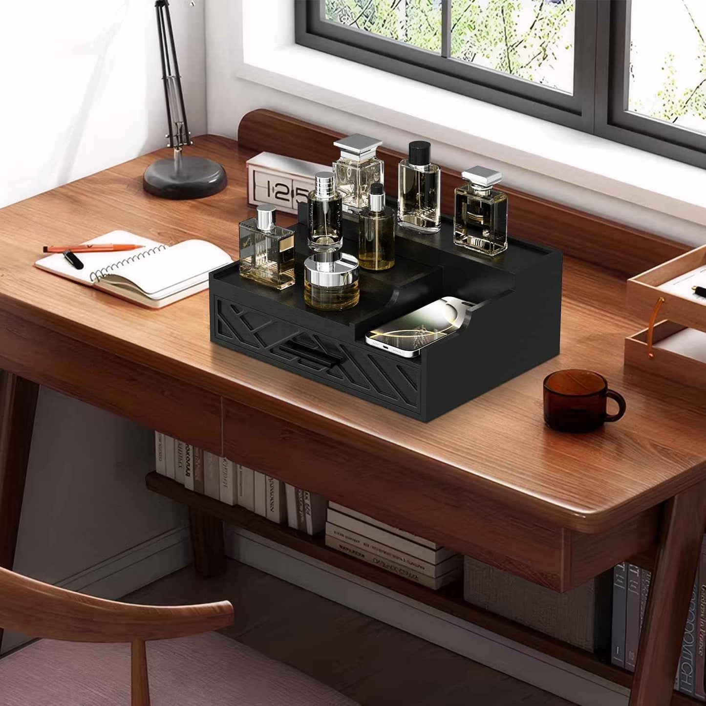 Cologne Organizer for Men, 3 Tier Perfume Stand With Drawer Hidden Compartment and Lining, Wood Display Holder for Watch Jewelry, Black, Great Gifts for Christmas