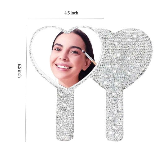 Frinnovan Large Rhinestone Handheld Mirror Heart Bling Glitter Cosmetic Dazzling Portable Hand Mirrors with Handle for Women Wedding Silver White