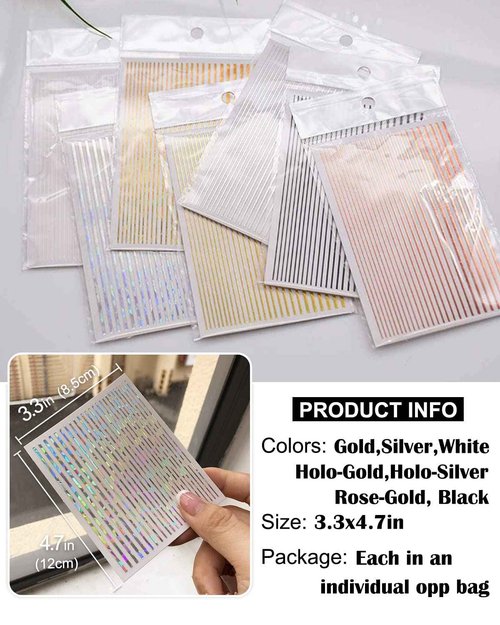 7 Sheets Nail Striping Tape Metallic Lines French Tip Manicure Strip Adhesive Holographic Foil Design Gold Sticker Decals for Nail Art