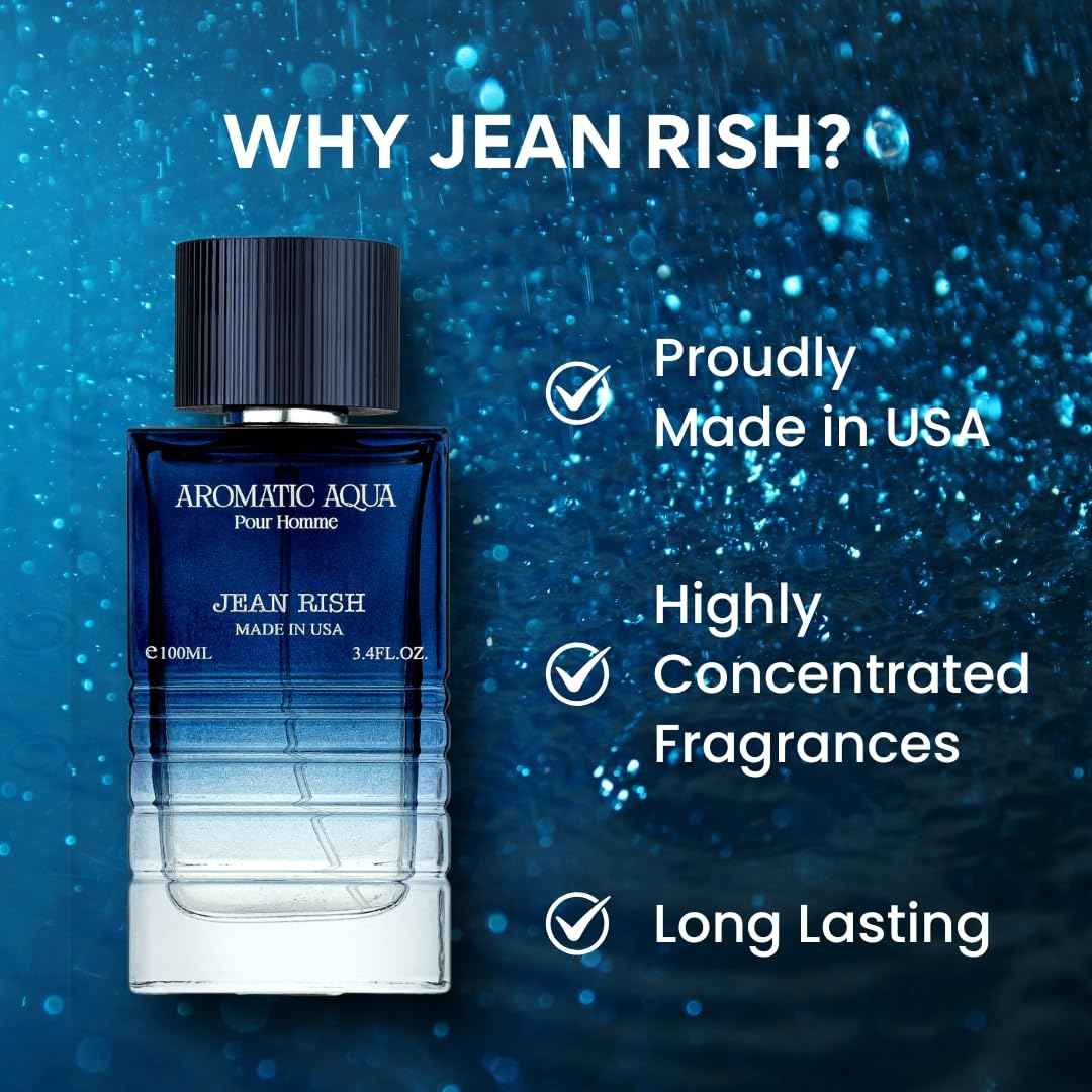 Jean Rish Aromatic Aqua Pour Homme, Eau de Parfum (3.4 Fl Oz / 100ml) with Grapefruit, Mint and Ginger Notes - Long Lasting and Luxury Fragrance, Made in USA