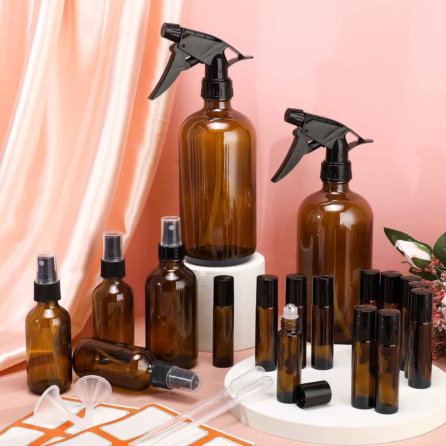 QINGYA 14 Pack amber glass bottle Set,Empty Refillable Essential Oil Bottle,Multi Size and Versatile(16oz x2,8oz x2,4oz x2,2oz x2) with Labels