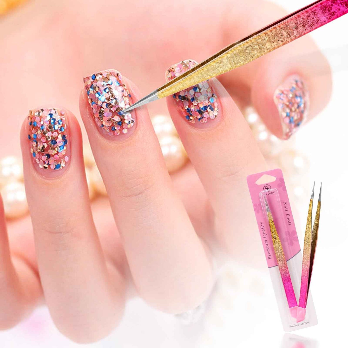 Double Ended Nail Art TweezersCurved,2Pcs Tweezers, Eyelash Tweezers, Straight Fine Tip Tweezers for Women with Silicone Pressing Tips, Suitable for Nail Art, Hair Removal, Jewelry