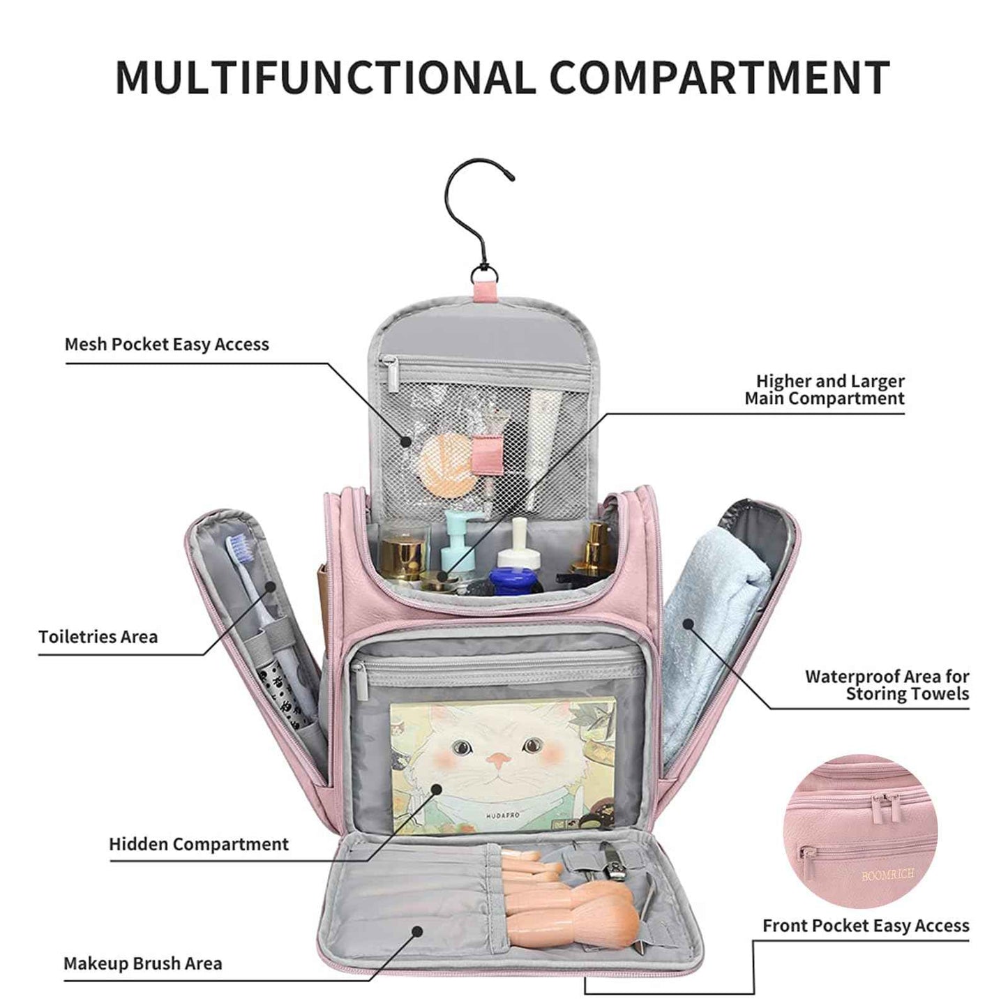 Large Toiletry Bag for Women, Hanging Leather Travel Makeup Bag with 360° Hook and Shoulder Strap, Travel Organizer for Full Sized Container, Toiletries, Brushes (Pink)