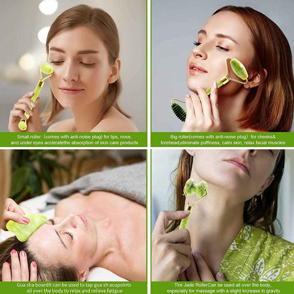 Jade Roller & Gua Sha Set, 4 in 1 Gua Sha Facial Massage Tool Beauty Face Roller Tools for Neck, Eyes, Body Muscle Relaxing and Relieve Fine Lines and Wrinkles