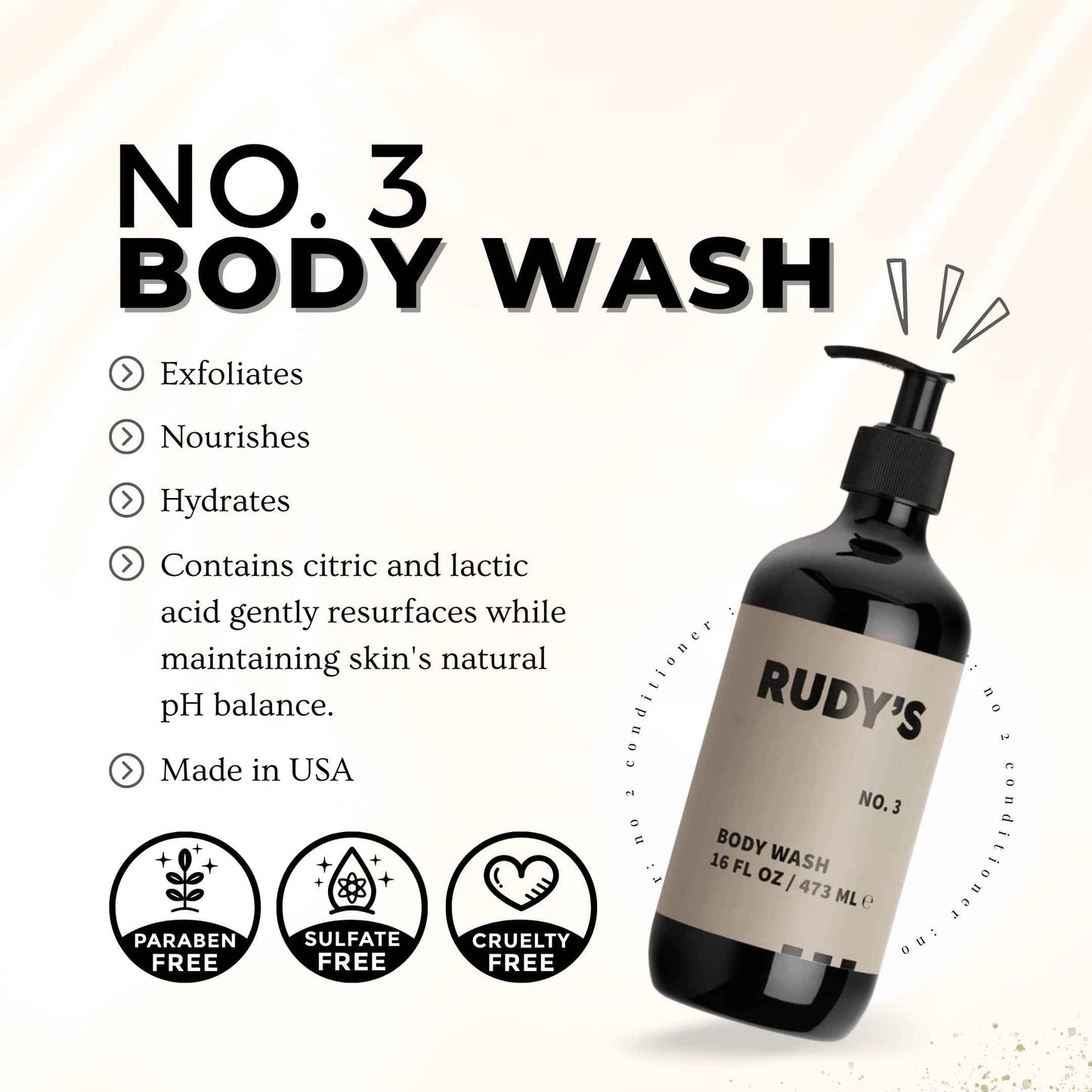 Rudy's No. 3 Body Wash - Natural Ingredients, Sulfate & Paraben Free - Exfoliates, Nourishes, and Maintains pH Balance (16 fl oz)