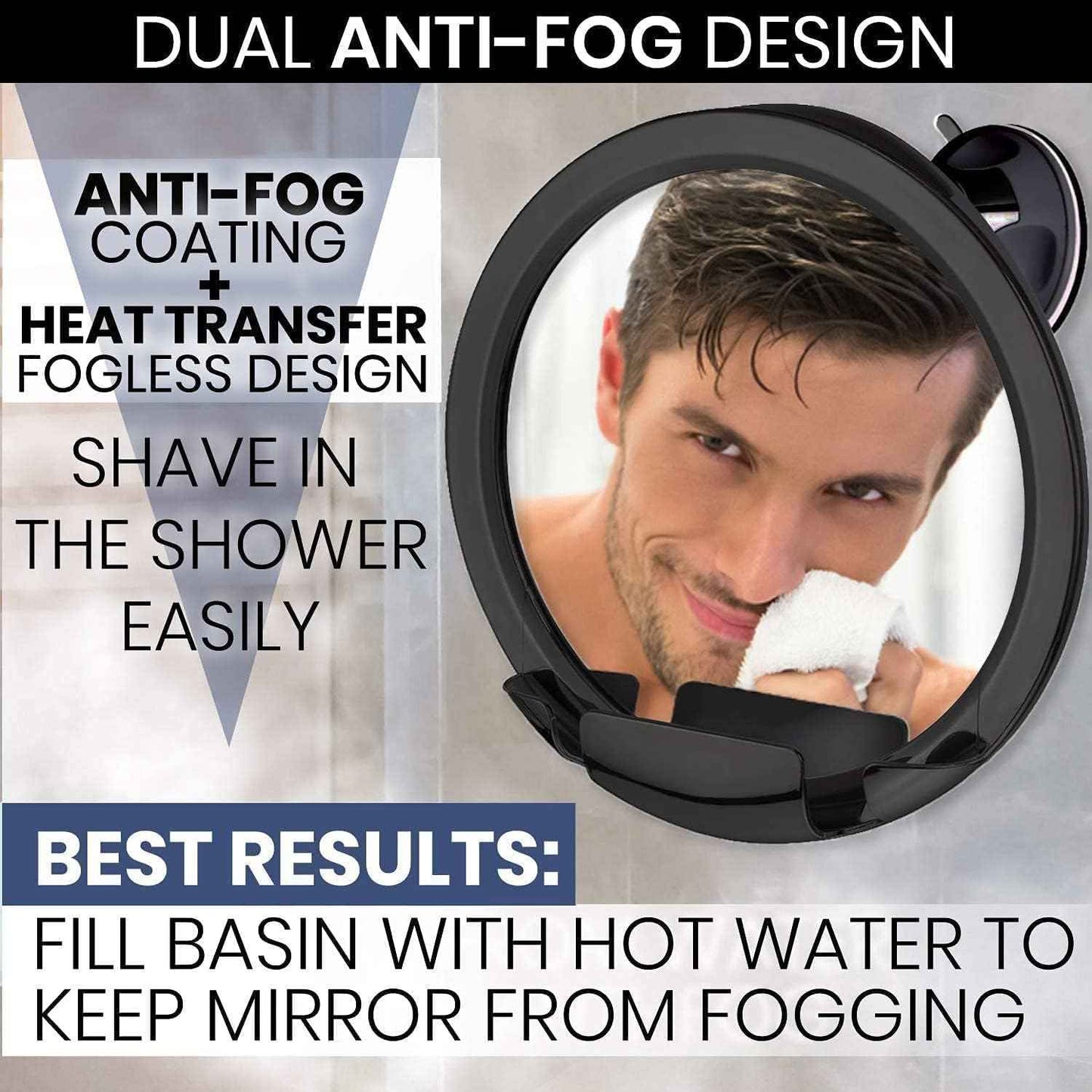 MIRRORVANA Dual Antifog Shower Mirror for Shaving - Shatterproof Mirror with Razor Holder, Upgraded Suction, 360° Swivel (8" Round, Black)