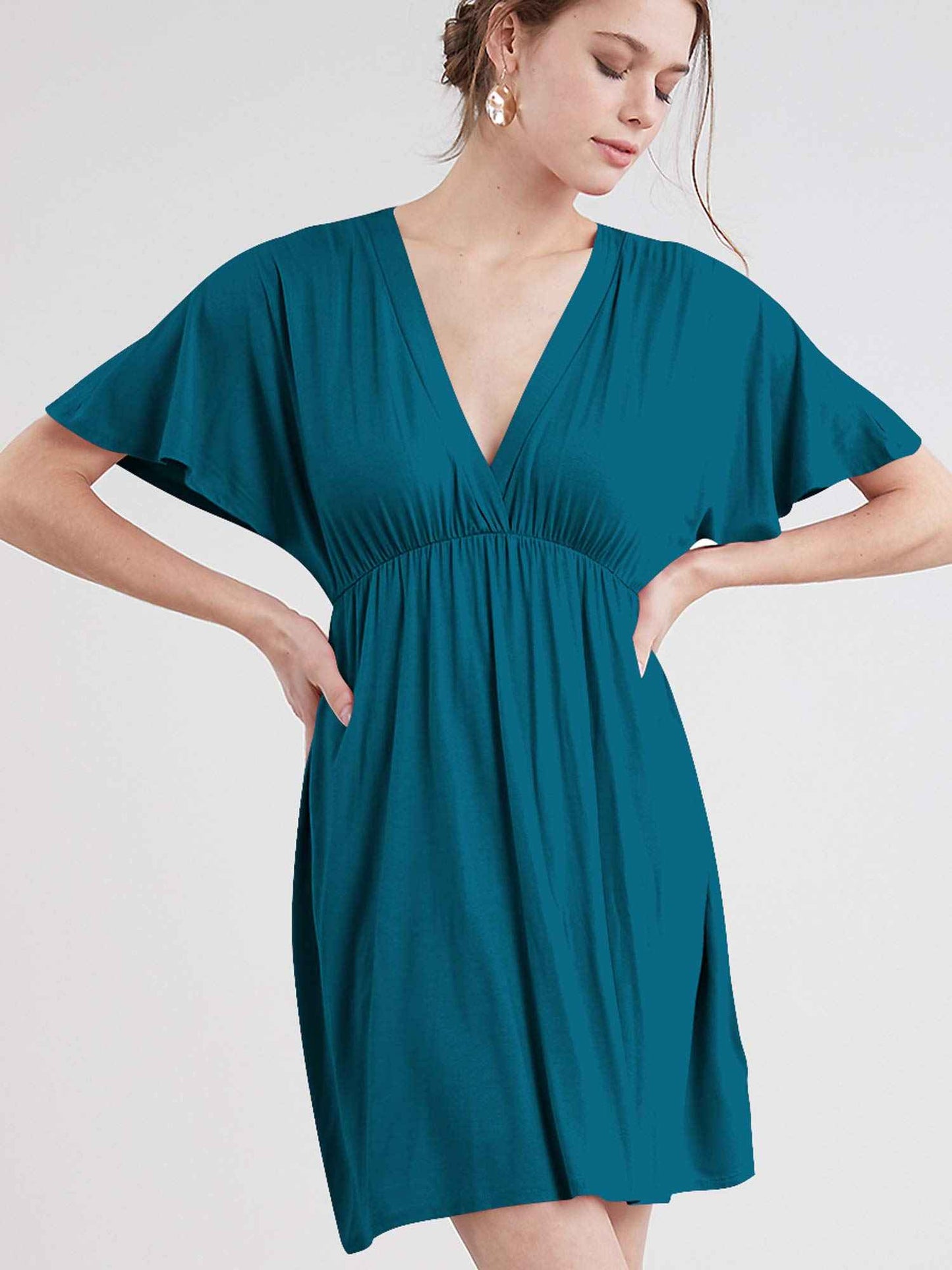 Lock and Love LL WDR 1338 Womens Short Sleeve Kimono Style Deep V-Neck Casual Summer Dress S-3XL Plus Size XXXL Teal