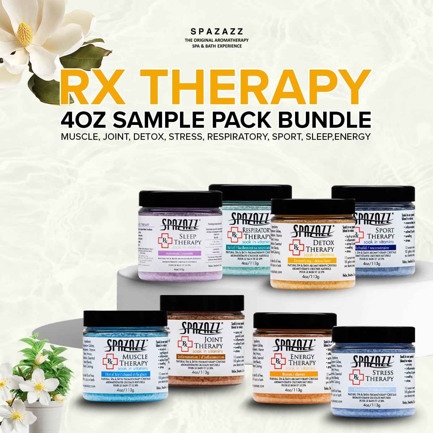 Spazazz RX Therapy Hot Tub Spa and Bath Aromatherapy Salt Crystals 4oz 8 Pack Sample Bundle Includes Muscle - Joint - Detox - Stress - Respiratory - Sport -Sleep - Energy. Great for Muscles & Joints