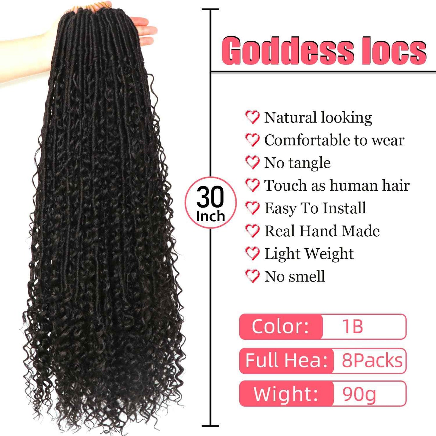 Goddess Locs Crochet Hair-30 Inch 8 Packs Boho Faux Locs Crochet Hair for Black Women Pre Looped Soft Locs with Curly Ends (1B#, 30 Inch(Pack of 8))