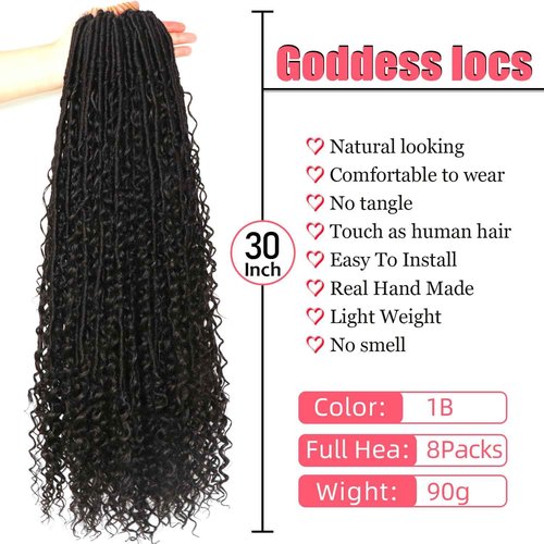 Goddess Locs Crochet Hair-30 Inch 8 Packs Boho Faux Locs Crochet Hair for Black Women Pre Looped Soft Locs with Curly Ends (1B#, 30 Inch(Pack of 8))