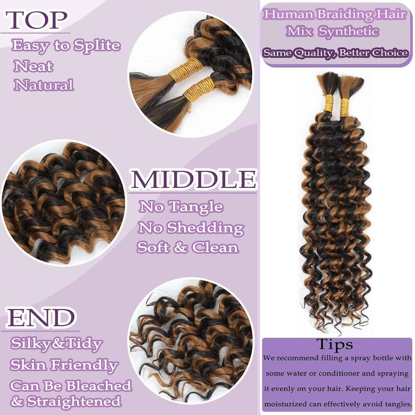 Xddnamei Chocolate Honey Blonde Human Braiding Hair 2 Bundles Total 100g 18 Inch Deep Wave P4/27 Braiding Human Hair Brazilian Virgin Hair Bundles for Boho Braids