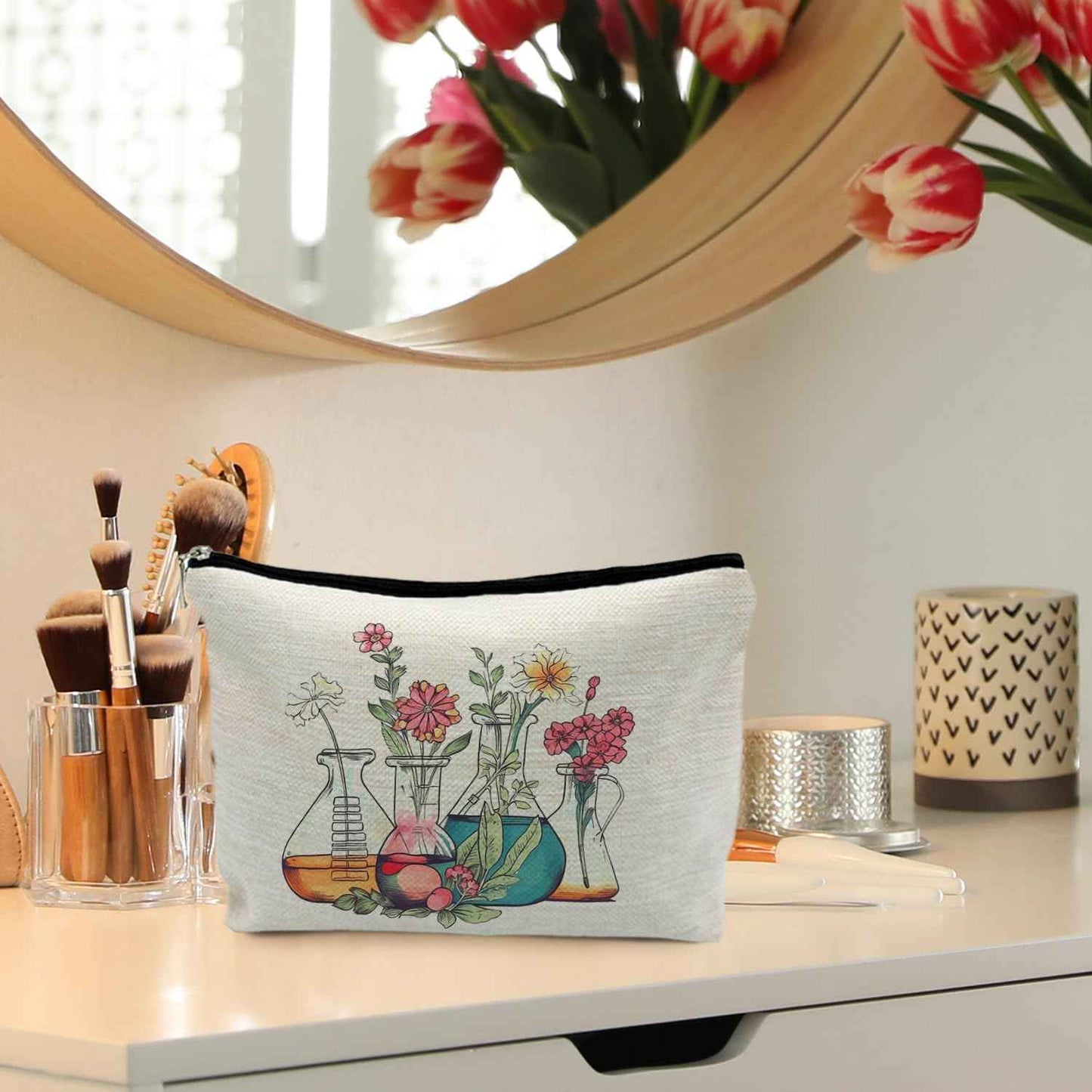 RYYCDOI Science Teacher Gifts Makeup Bag - Floral Beakers Cosmetic Pouch