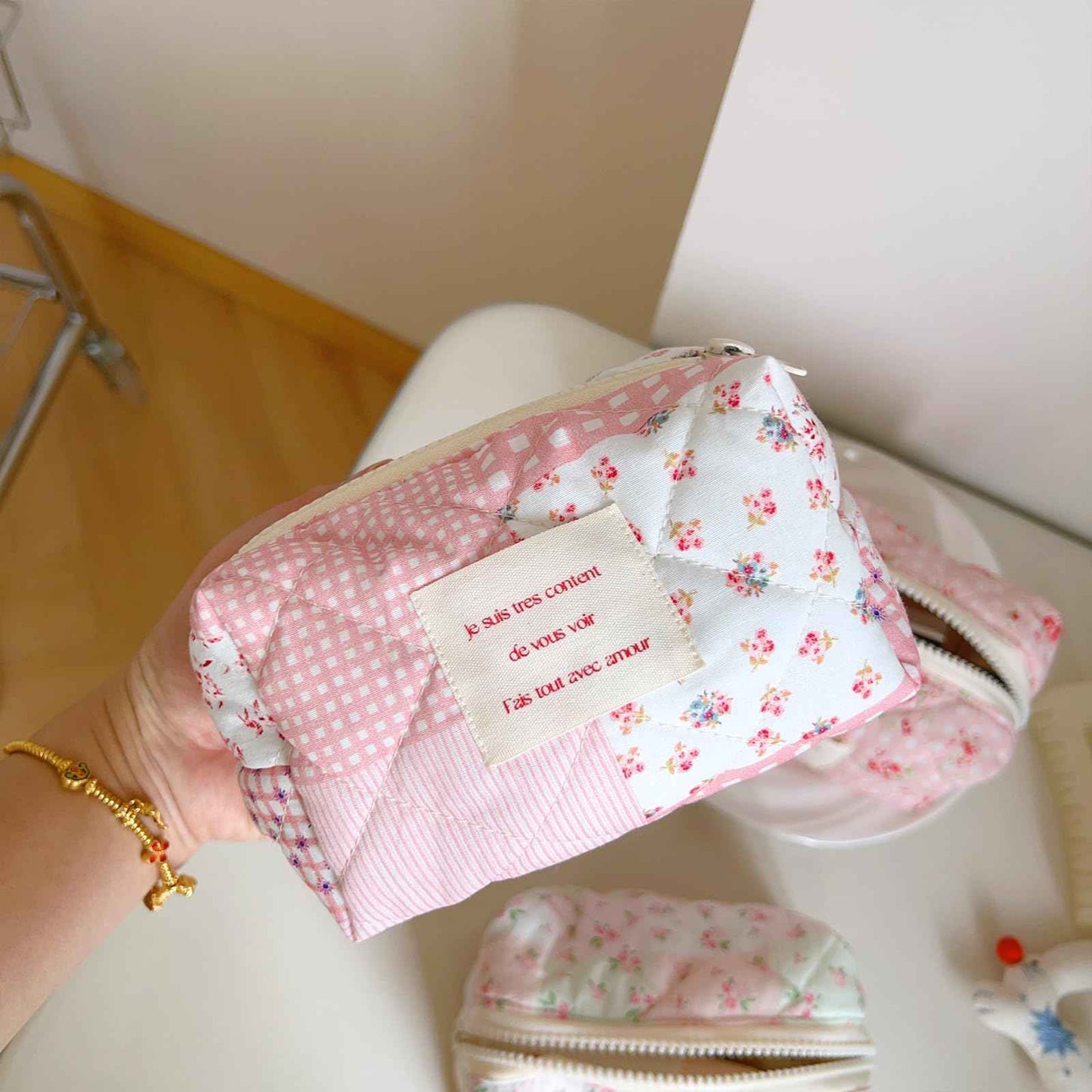 Sminra 2 Pieces Floral Makeup Bag, Cute Travel Quilted Cotton Small Cosmetic Bag Organizer, Coquette Aesthetic Preppy Pouch Purse Toiletry Bag for Women Girls accessories