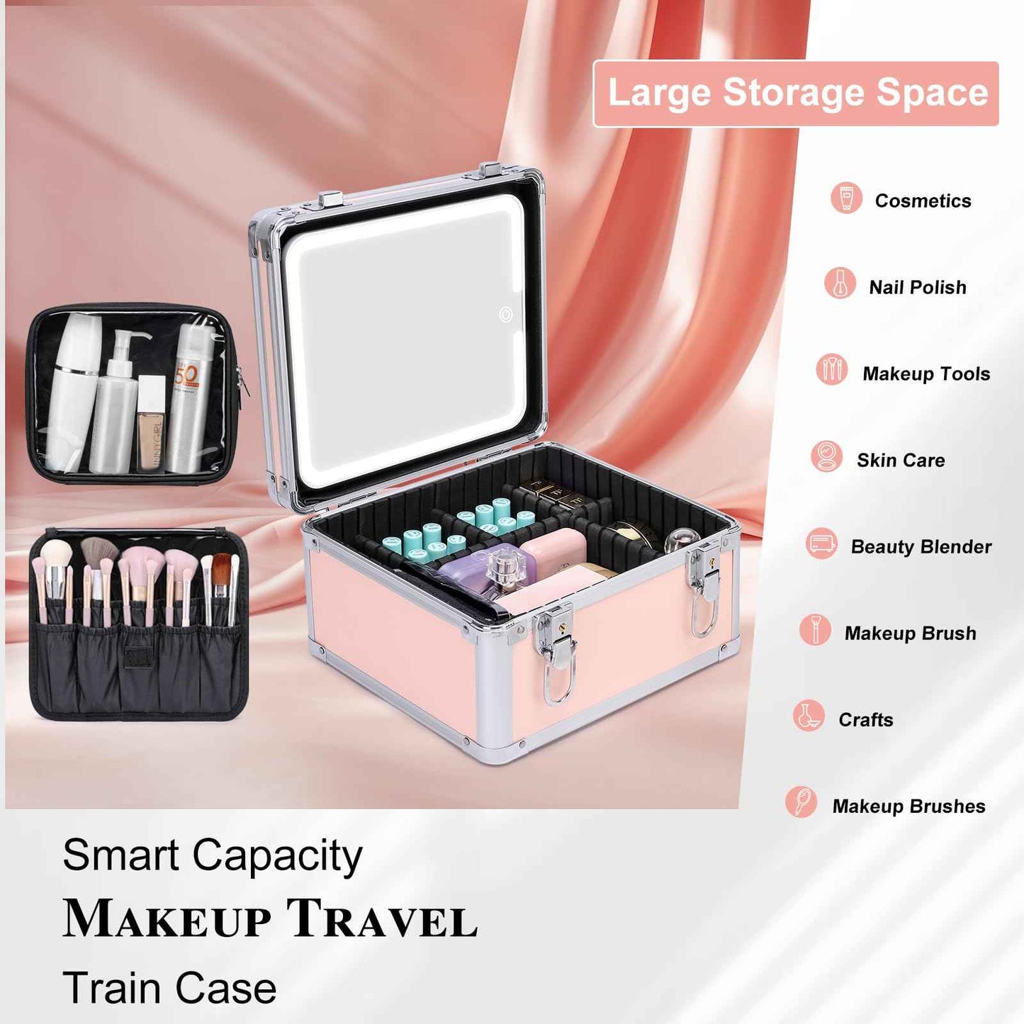 Makeup Box with Led Mirror,Travel Train Hard Case with Rechargeable Lighted Mirror Adjustable Dividers,Cosmetic Organizer Storage Bag for Makeup Artists,Appropriate Gift for Women and Girls,Pink