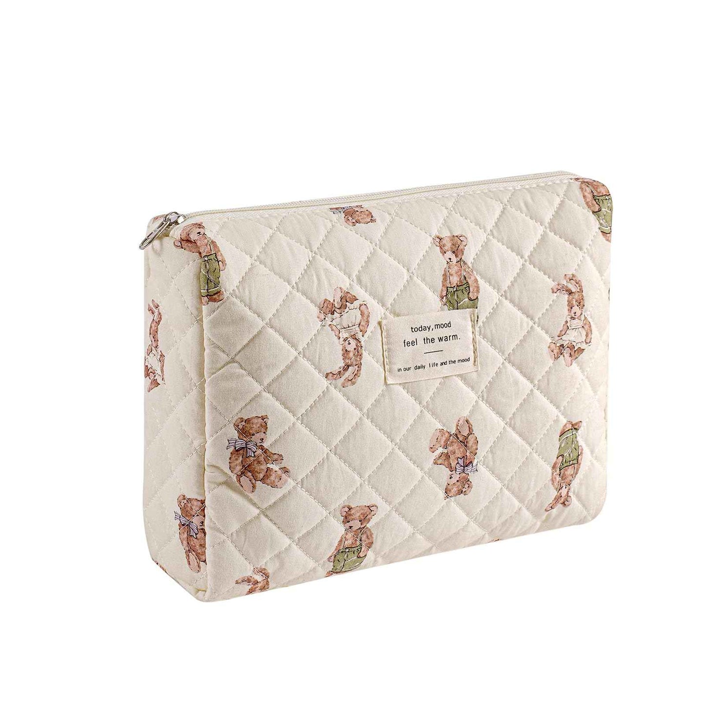 uekeboag Quilted Cotton Makeup Bag,Coquette Quilted Toiletry Bag for Women and Girls,Floral Coquette Pouch,Cute Kawaii Travel Cosmetic Bags(White Bear)