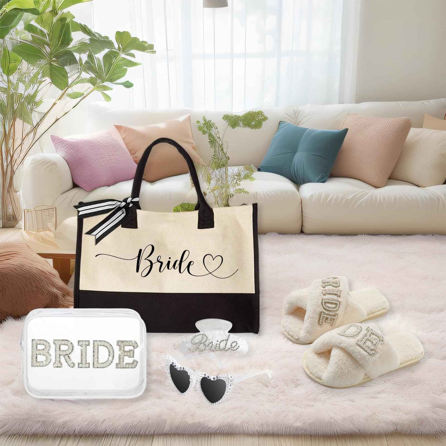 Ldmfcpa 5Pcs Bridal Shower Gifts Set with Bride Bag Cosmetic Bag Sunglasses Slippers Hair Clip, Suitable for Bridal Shower, Weddings, Bachelorette Gifts for Bride, Bride Gift Set