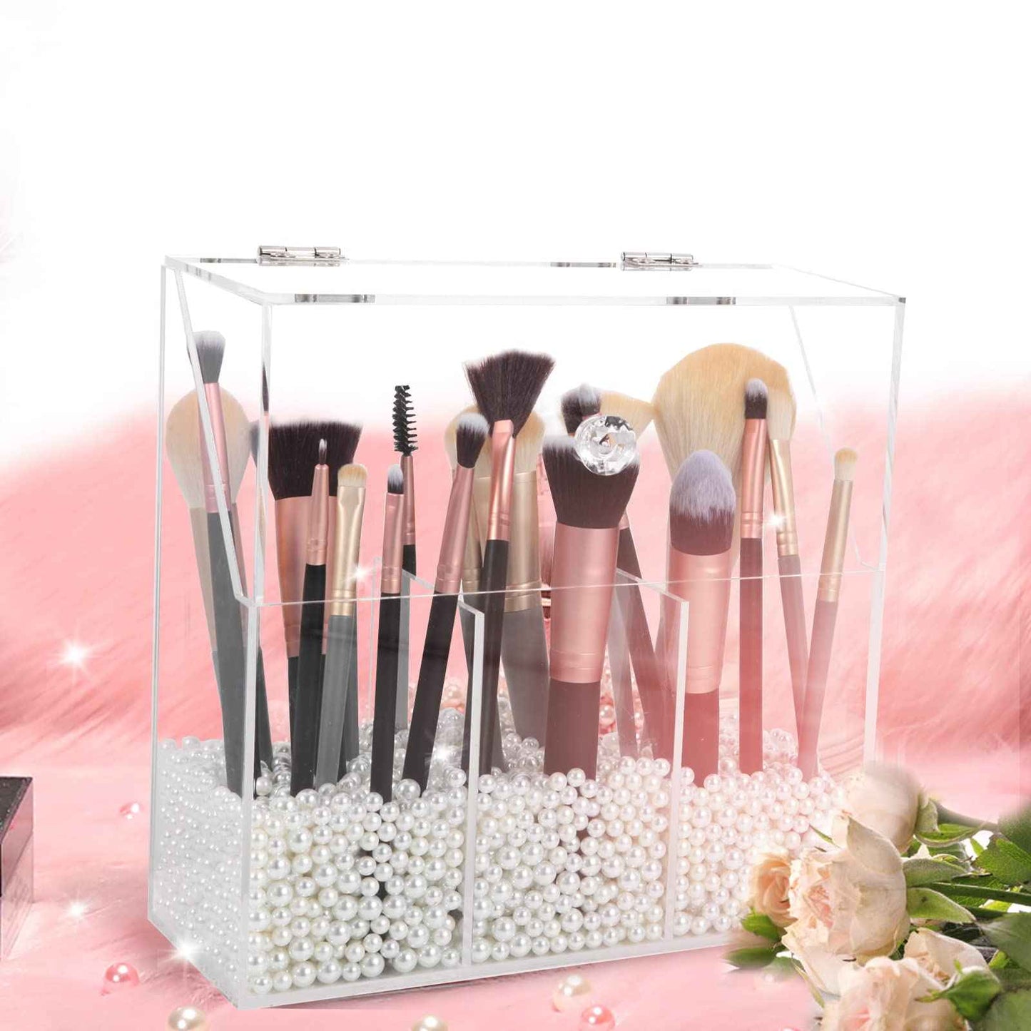 Vevitts Acrylic Makeup Brush Holder, Clear Cosmetic Storage Box with 3 Brush Holders, Dust Cover, Large-Capacity Split Design for Organizing Vanity Desk