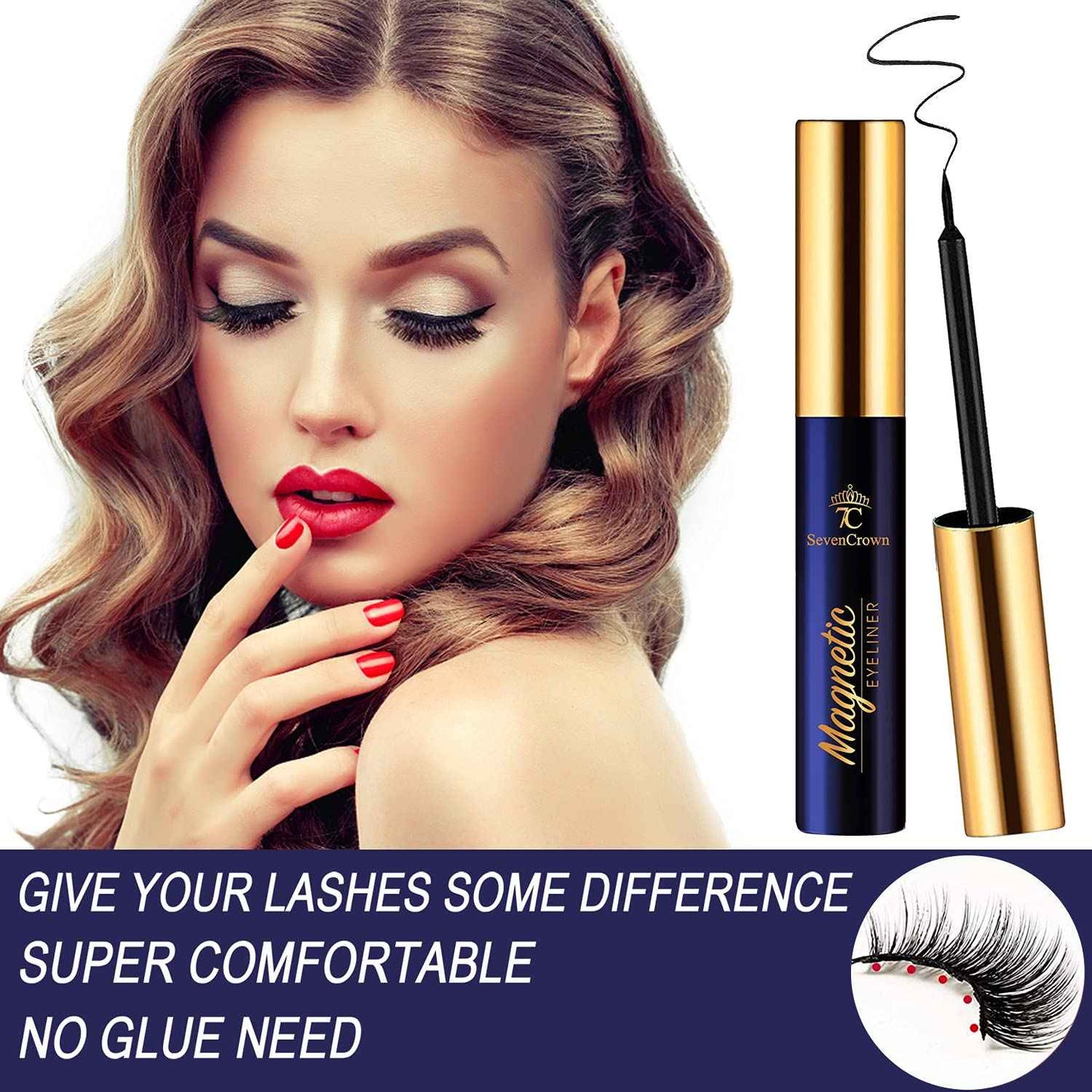 SevenCrown Magnetic Lashes with Eyeliner Kit - 10 Pairs 3D Medium Cat Eye Lashes - Upgraded Magnetic Liner Long Lasting,Natural Look - Reusable Magnetic Eyelashes Kit with Applicator, Easy to Apply