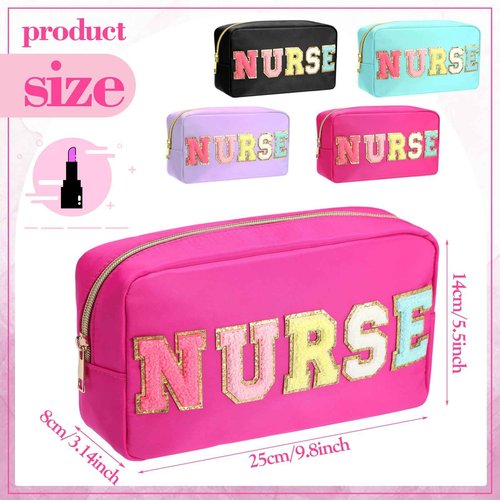 Cosblank 4 Pcs Nurse Makeup Bag Chenille Letter Nylon Cosmetic Bag Makeup Bag Toiletry Cosmetic Case Nurse Bag with Zipper Stuff Bag Cosmetic Pouch Makeup Pouch for CNA IPN RN Nurse Week