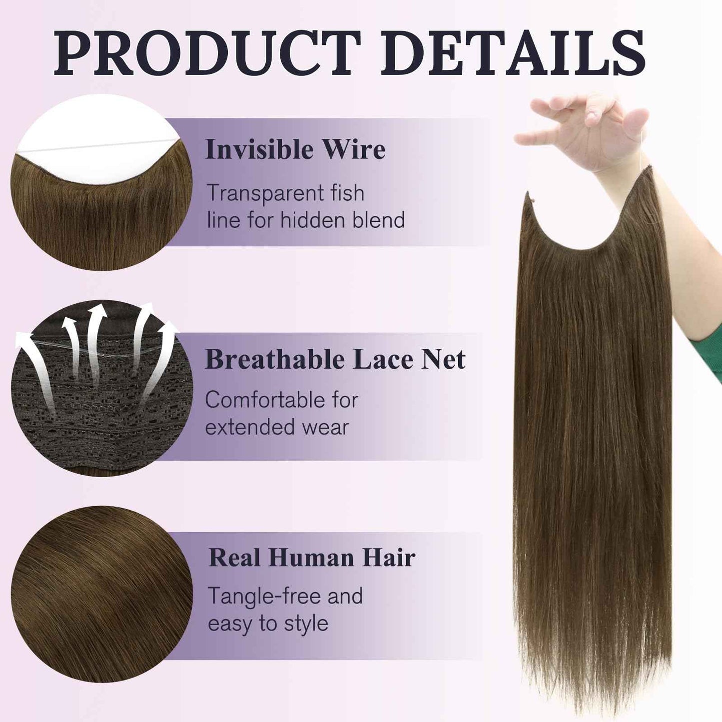 Fshine Invisible Wire Hair Extensions Real Human Hair Medium Brown 10 Inch Short Straight Remy Human Hair Natural Layered Hairpiece with Transparent Fish Line 50 Grams