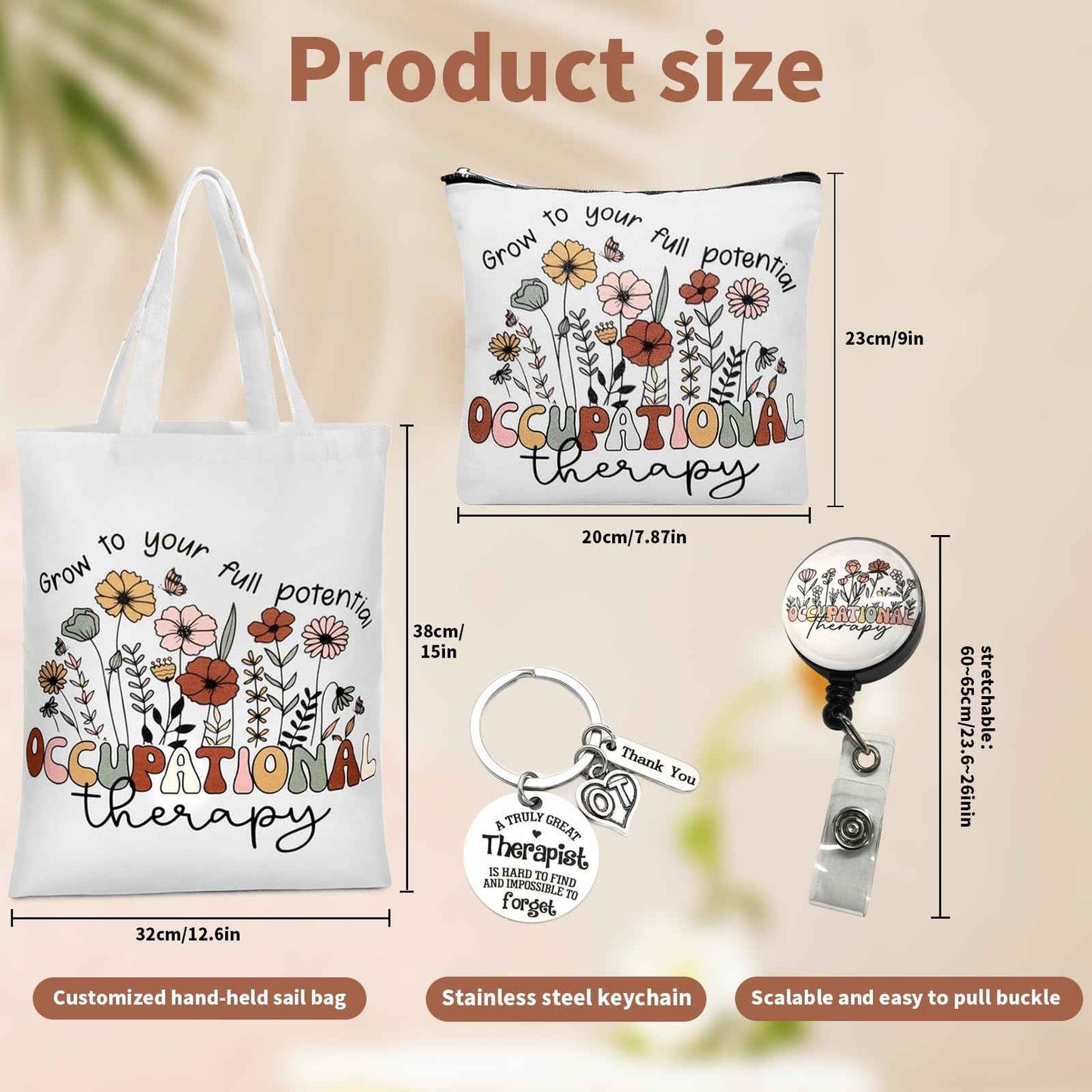 Occupational Therapy Gifts, Occupational Therapy Bag, 4 Pcs That Can Be Given to Professional Medical Practitioner, Including Tote Bag, Makeup Bag, Key Chain and Badge Holder to Show Your Appreciation