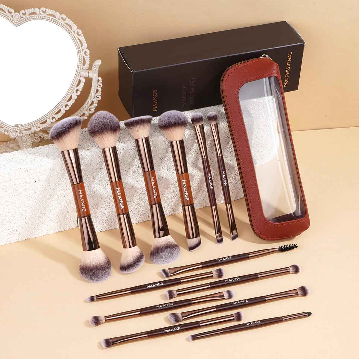 MAANGE 13 Pcs Foundation Makeup Brush Set With Bag, Make up Brushes, Double-End Multi Functional Makeup Brushes, Professional Face Brush Set Tools For Liquid Powder Concealer Cream Blush (Coffee)
