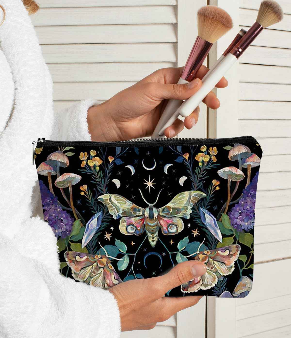 Tarot Moth Mushroom Moon Phase Makeup Bag - Gothic Butterfly Floral Cosmetic Bag for Girls, Sister, Daughter, Friend - Halloween, Birthday Gift
