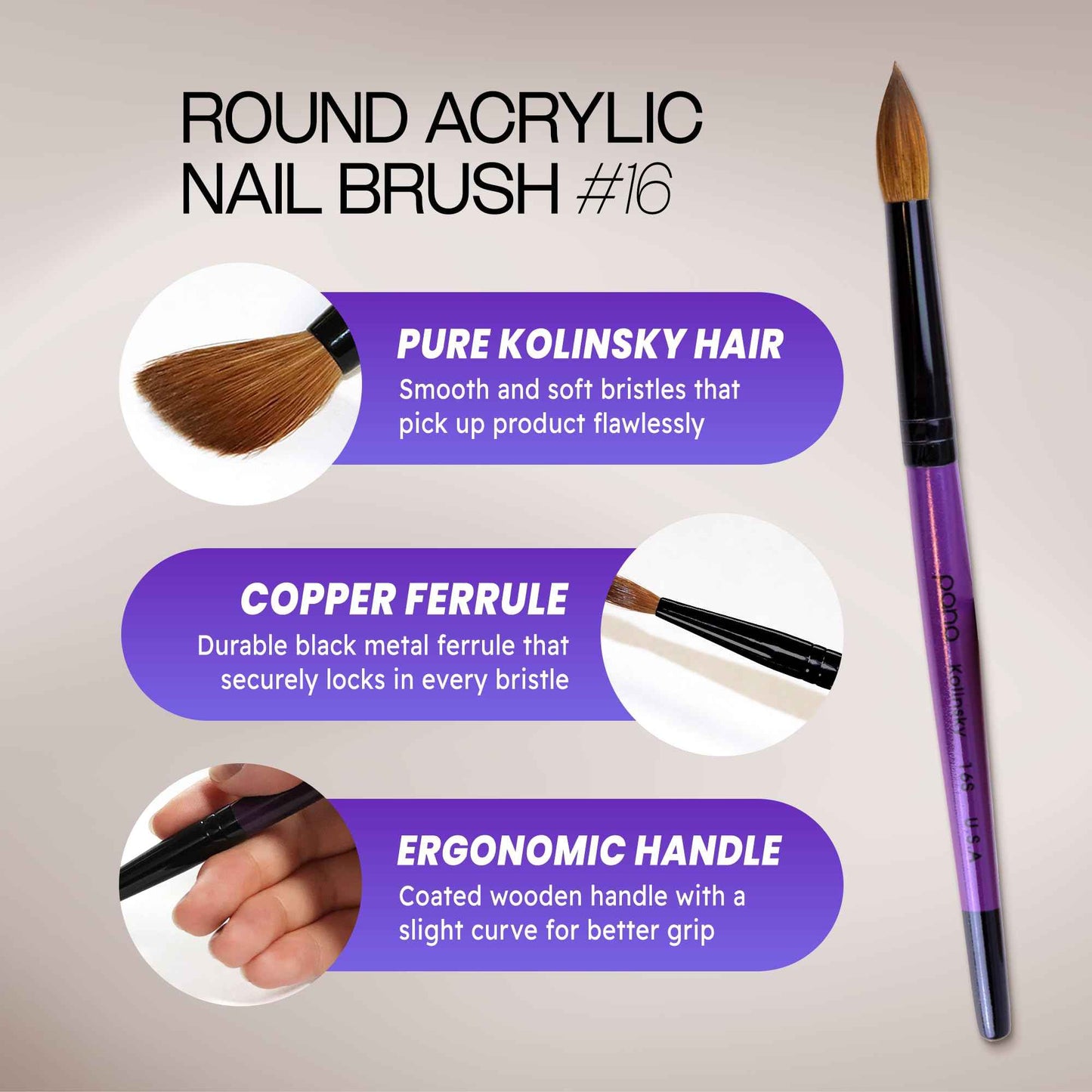 Profession Purple Wood Kolinsky Acrylic Nail Brush (Size: 6, 8, 10, 12, 14, 16, 18, 20, & 22) PANA Brand High End Quality 100% Pure Kolinsky Hair (Size 16)