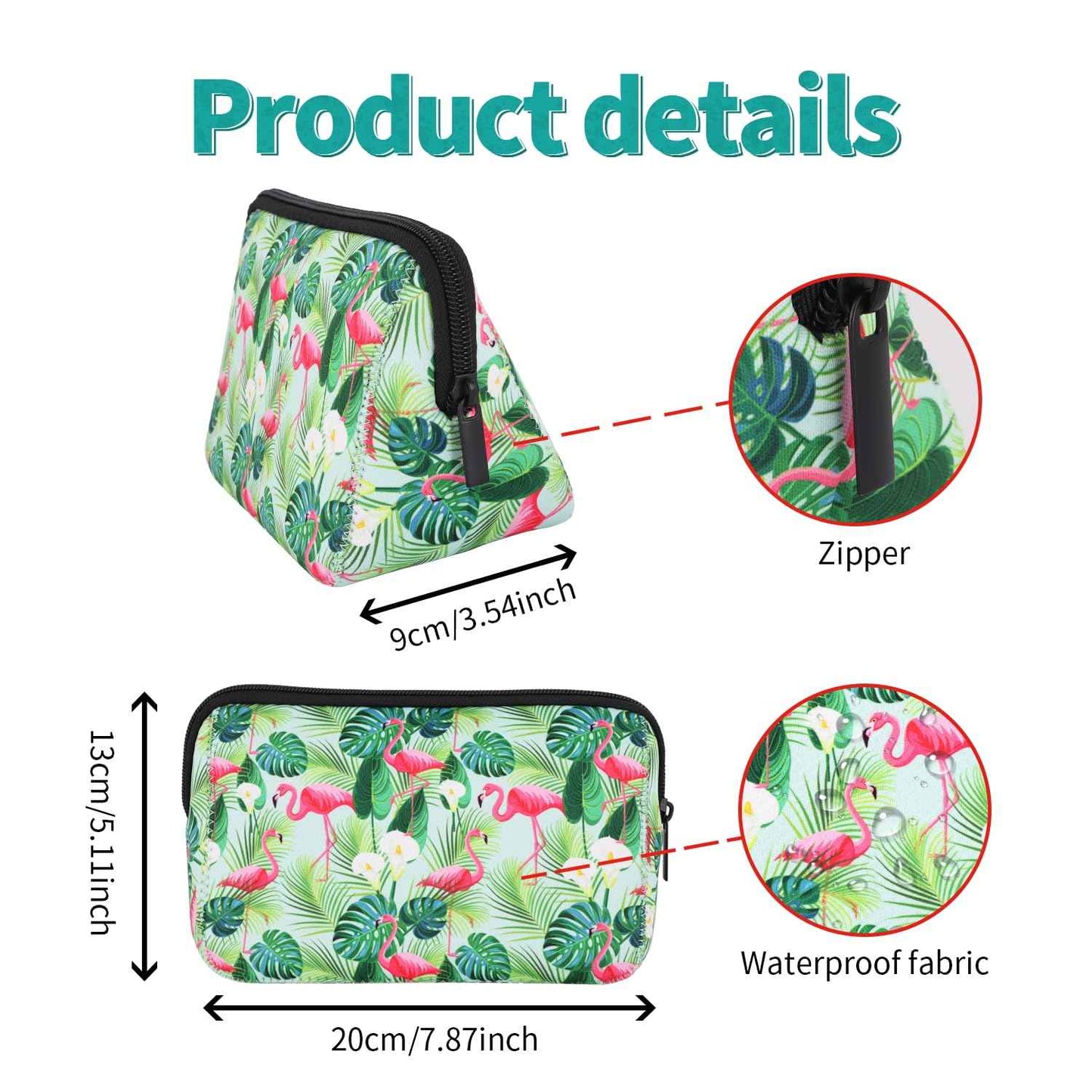 AJLTPA Cosmetic Bag Waterproof Neoprene Zipper Pouch Travel Portable Toiletry Makeup Bags Organizer Case for Women and Girls, Tropical Flamingo