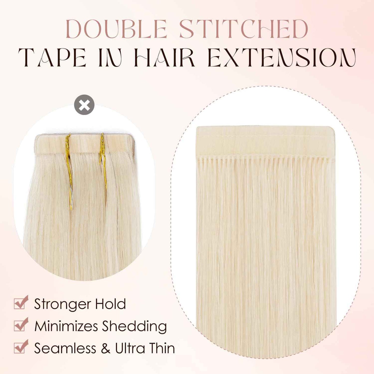 Human Hair Tape in Extensions-Double Stitched,SLEEKALON Free-cut Mini Tape ins Real Hair Extension Platinum Blonde Invisible Seamless Straight Double Side Tape Hair Extension-18 Inch,20pcs 50g,#60