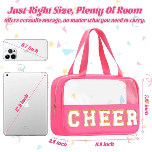 BuyCard Cheer Chenille Letter Bags Clear Makeup Bag, Cheerleader Gift Cosmetic Bag for Travel Zipper Pouch with Handle Cheer Accessories, Nylon & PVC Waterproof Toiletry Organizer Bag for Women Girls