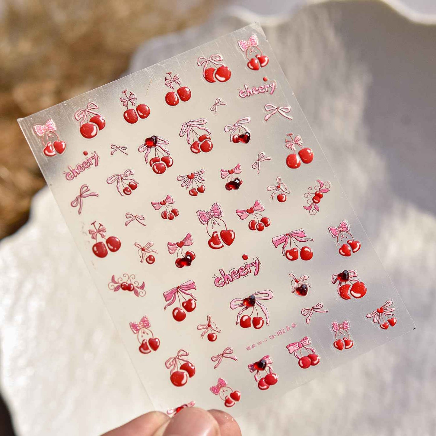 UEYRSEDB Red Cherry Nail Stickers Pink Bow Nail Art Stickers Self-Adhesive Heart Rhinestone Charms Nails Decals Cute Summer Red Cherry Nails Design Summer Pink Bow Supplies for Women Manicure DIY