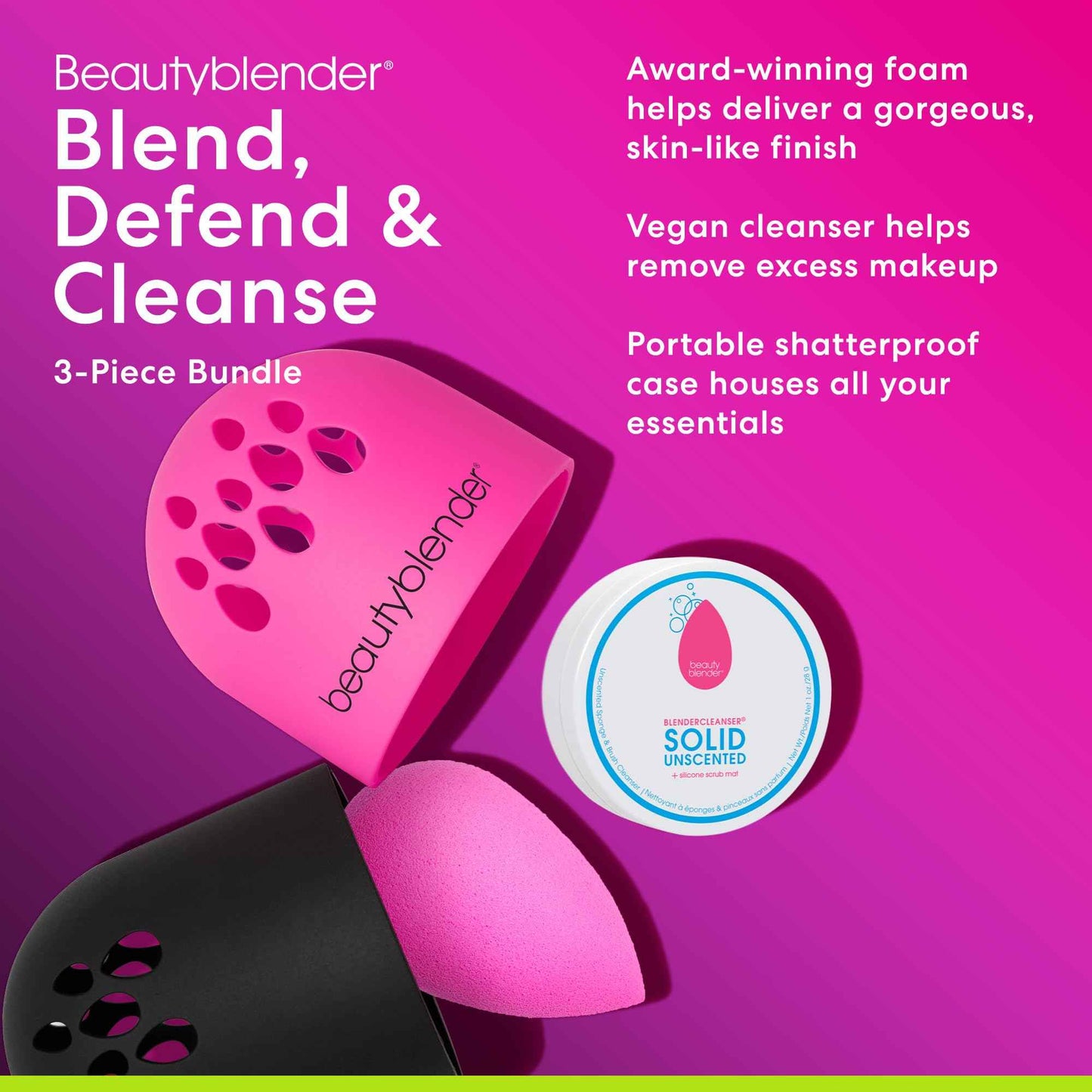Beautyblender® | Original Pink Beauty Blender + Blender Defender Case + Solid Blendercleanser® Complete 3-Piece Bundle, Beauty Blender for Blending Foundations, Travel Case & Unscented Cleanser, 1oz