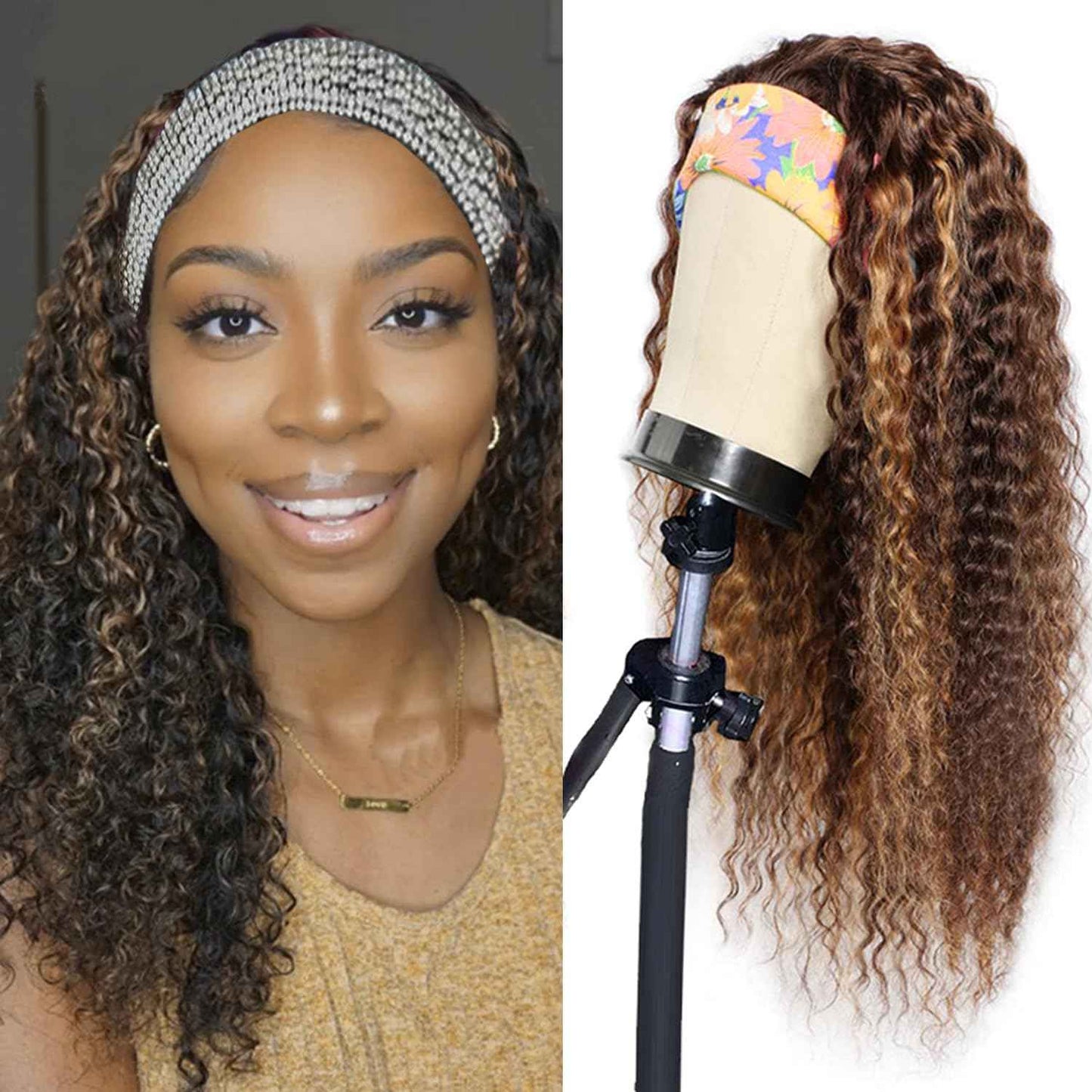 Brazilian Human Hair Headband Wig - Deep Wave, Highlight, Curly, Glueless (14 inch, 4/27 Highlight)