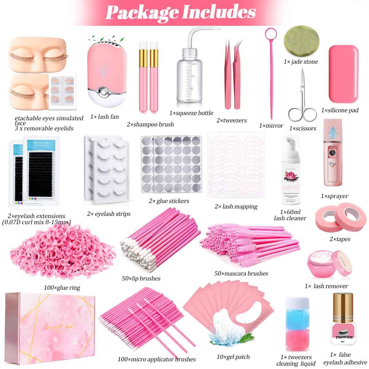 QUKLOGEN Lash Extension Kit for Beginners Lash Mannequin Head with Replaced Eyelids False Eyelashes Practice Eyelash Strips Facial Mister Tweezers Glue USB Fan Professional Set