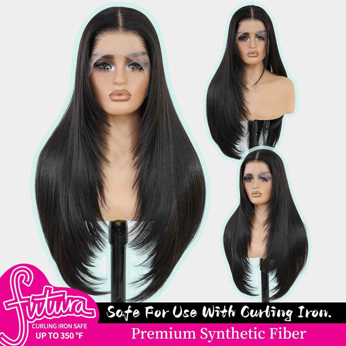 Synthetic Lace Front Wigs Pre Plucked 13x4 HD Lace Black Wigs For Women 26 Inch Long Layered Straight Wigs 100% Futura Premium Fiber Wig With Bangs Ready to Wear Beginner Friendly Daily Use