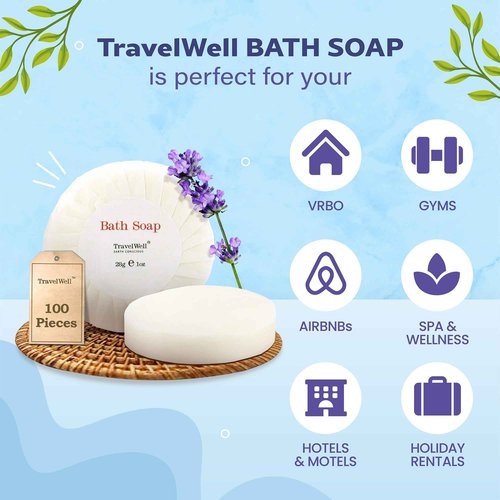 Travelwell Hotel Soap Bars - Individually Wrapped Bulk Hotel Soap - Gentle Paraben-Free Beauty Bar - Travel Mini Size - Pack of 100, 1 Oz