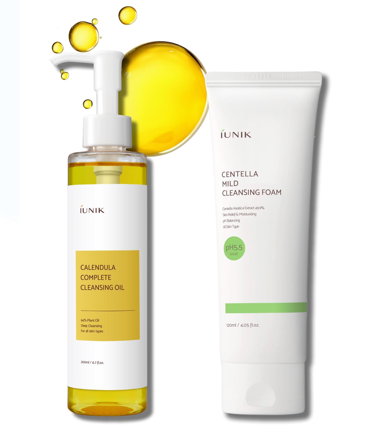 IUNIK Calendula Jojoba Oil Cleanser Gentle Makeup Remover Pore Cleansing Oil & Centella Mild Facial Foaming Cleanser Non-stripping pH balancing Moisturizing Double Cleansing Kit Korean Skincare