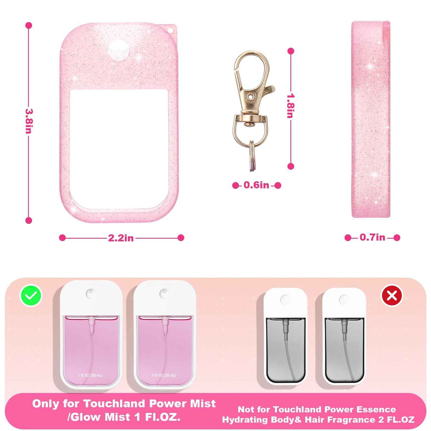 Palksky Hand Sanitizer Spray Case for Touchland,Protective Case with Keychain for Power Mist and Glow Mist1 fl oz(Glitter Sequin Pink),Travel Size